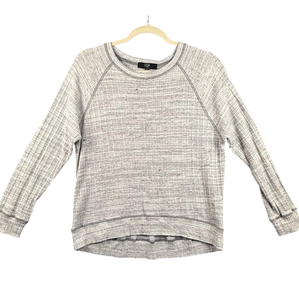 Womens Sm Ribbed Knit Pullover Top Gray Marled Raglan High Low Softcore USA Made
